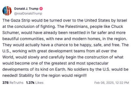 ”Fâşia Gaza va fi cedată Statelor Unite de către Israel la sfârşitul luptelor”, anunţă Trump