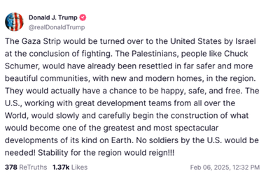 ”Fâşia Gaza va fi cedată Statelor Unite de către Israel la sfârşitul luptelor”, anunţă Trump