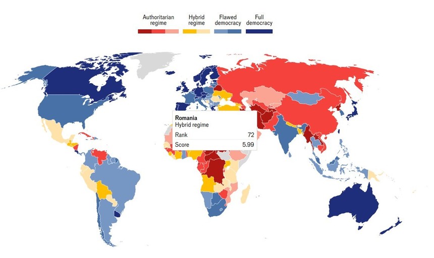 România, pe ultimul loc din UE în Indexul global al democraţiei întocmit de The Economist. Motivul: anularea alegerilor. Franţa a fost retrogradată la „democraţie deficitară”, categorie în care intră şi SUA. Norvegia se menţine pe primul loc