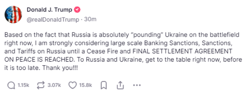 Trump ameninţă Rusia cu noi sancţiuni bancare şi taxe vamale şi denunţă bombardamentele continue în Ucraina