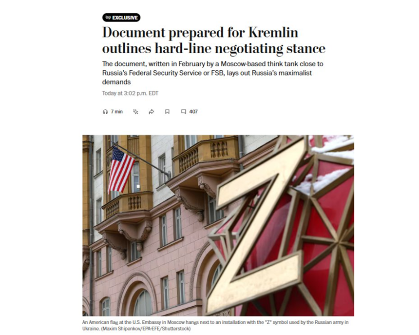 Cerinţele intransigente ale Moscovei la negocieri, prezentate într-un document pregătit pentru Kremlin de un centru de reflecţie apropiat FSB, dezvăluie The Washington Post. Autorii resping planurile preliminare ale lui Trump în vederea unui acord de pace în 100 de zile