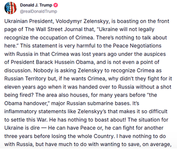 Trump îl atacă pe Zelenski şi declaraţiile acestuia ”incendiare” despre Crimeea anexată. ”El vrea să prelungească măcelul”