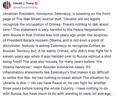 Trump îl atacă pe Zelenski şi declaraţiile acestuia ”incendiare” despre Crimeea anexată. ”El vrea să prelungească măcelul”