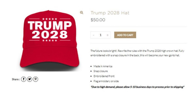 Donald Trump scoate la vânzare, cu 50 de dolari bucata, în buticul său online, şepci cu inscripţia ”Trump 2028”