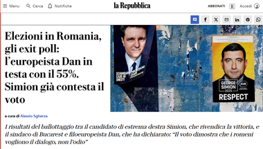 PRESA INTERNAŢIONALĂ. La Repubblica - Alegeri în România, sondaje la ieşirea de la urne: pro-europeanul Dan conduce cu 55%. Simion contestă deja rezultatul votului