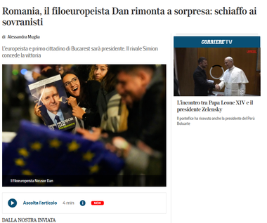 PRESA INTENAŢIONALĂ. Corriere della Sera: În România, filoeuropeanul Dan are o revenire surprinzătoare, prima lovitură dură pentru suveranişti în Europa
