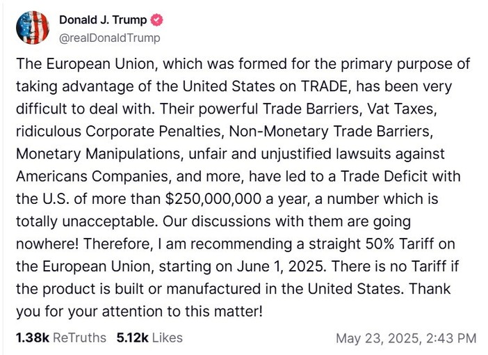 UPDATE - Donald Trump threatens the European Union with 50% customs rates from June 1