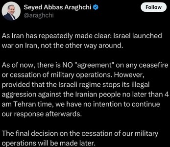 Ministrul iranian de externe spune că în prezent nu există niciun acord de încetare a focului cu Israelul