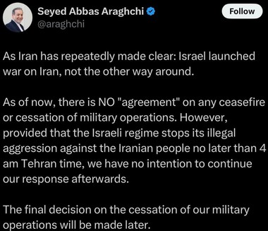 Ministrul iranian de externe spune că în prezent nu există niciun acord de încetare a focului cu Israelul