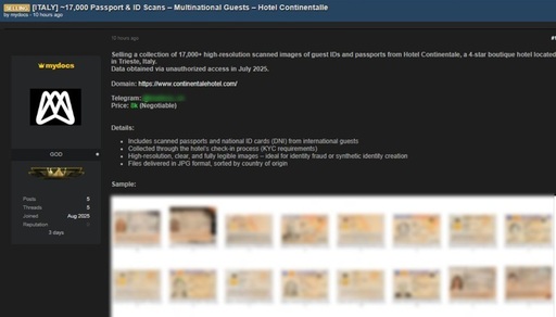 Aproximativ 100.000 de scanări ale unor documente de identitate ale unor turişti, furate unor hoteluri din Italia şi scoase la vânzare pe dark web, alertează Agenţia italiană a domeniului digital AGID. Vânzătorul, ”mydocs” anunţă că le-a furat în perioada iunie-august 2025
