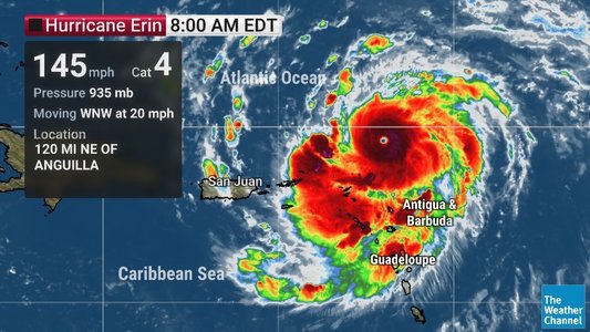 Primul uragan din Atlantic din 2025: Erin s-a intensificat de la furtună tropicală la uragan de categoria 5 în doar 24 de ore