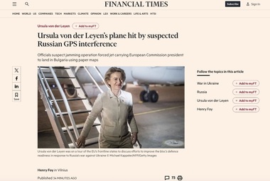 Avionul Ursulei von der Leyen a aterizat la Plovdiv după ce a survolat aeroportul timp de o oră, în urma unei presupuse bruieri ruse a semnalului GPS. Serviciile de navigaţie ale aeroportului, dezactivate. Pilotul a aterizat manual, cu hărţi analogice