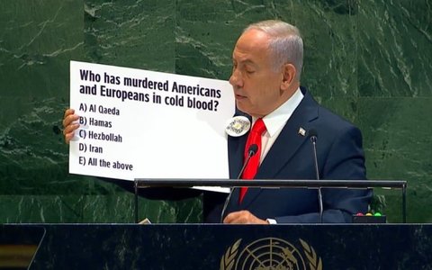 Mai multe delegaţii au părăsit sala şi l-au huiduit pe Benjamin Netanyahu în timpul discursului la ONU. Premierul israelian a promis că îşi „va termina treaba” în Gaza. S-a folosit de accesorii şi i-a criticat pe cei care au recunoscut statul palestinian