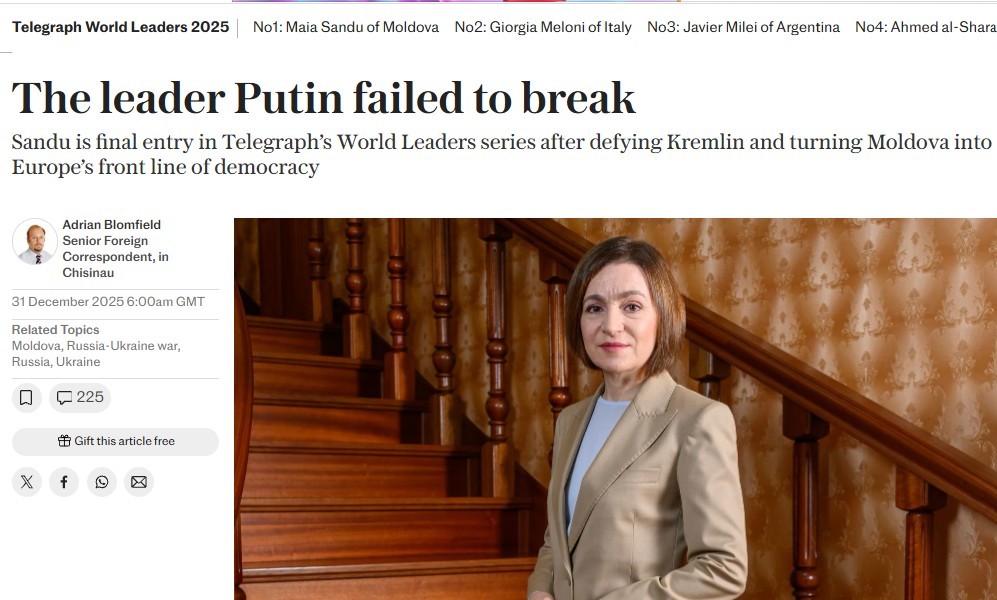 Maia Sandu, desemnată Liderul Mondial al Anului de The Telegraph. Este „liderul pe care Putin nu a reuşit să-l învingă”, argumentează cotidianul britanic / „Democraţia pe continent este în pericol”, avertizează Maia Sandu