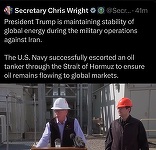Secretarul american al Energiei Chris Wright a postat pe X şi apoi a şters că un petrolier escortat de Marina americană a traversat Strâmtoarea Ormuz. Gardienii Revoluţiei dezmint. Spionajul american anunţă că Iranul minează strâmtoarea