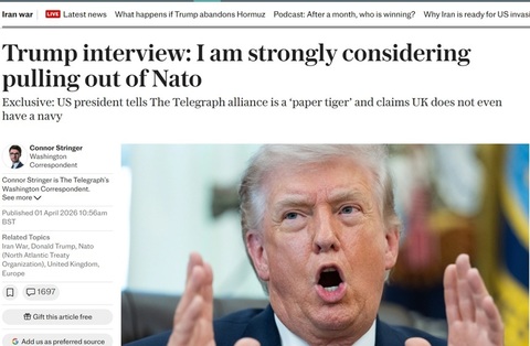 ”Intenţionez serios să mă retrag din NATO”, declară Trump cotidianului britanic The Telegraf. ”Am ştiut mereu că ei sunt un tigru de hârtie, iar Putin ştie şi el asta, de altfel”. ”Regatul Unit nici măcar nu are o Marină”