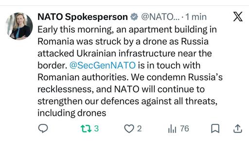 Dronă prăbuşită în Galaţi - Purtătorul de cuvânt al NATO: Secretarul General al NATO se află în contact cu autorităţile române. Condamnăm iresponsabilitatea Rusiei, NATO va continua să-şi consolideze apărarea