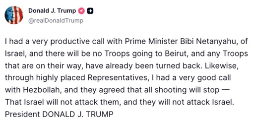 Trump anunţă că Israelul şi Hezbollahul i-au promis o liniştire şi că negocierile cu Iranul continuă