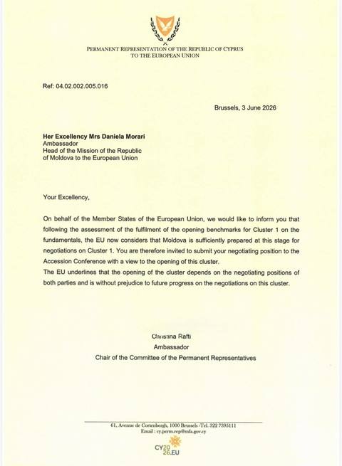 Preşedinţia cipriotă a UE a trimis o scrisoare oficială prin care invită R. Moldova să-şi depună oficial poziţia pentru primul cluster al negocierilor de aderare 