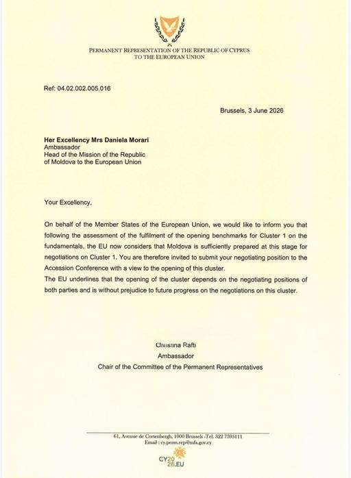 Preşedinţia cipriotă a UE a trimis o scrisoare oficială prin care invită R. Moldova să-şi depună oficial poziţia pentru primul cluster al negocierilor de aderare