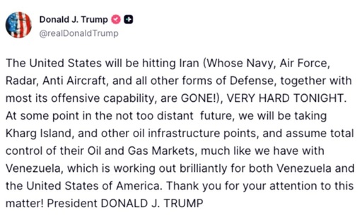 Trump ameninţă să atace ”foarte puternic” Iranul ”în această seară” şi să cucerească Insula Kharg şi industria petrolieră, ca în Venezuela