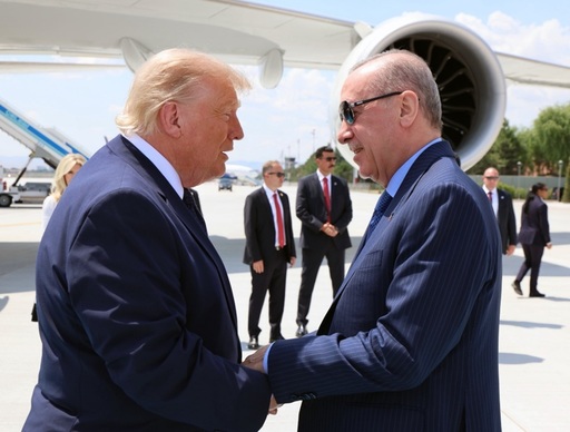 Erdogan îl primeşte pe Trump la summitul NATO de la Ankara cu covorul albastru şi ochelari de soare
