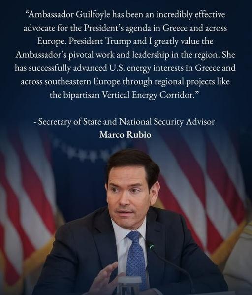 Marco Rubio îi ia apărarea ambasadoarei SUA în Grecia: "Ea a promovat cu succes interesele energetice ale SUA în Grecia şi în sud-estul Europei"