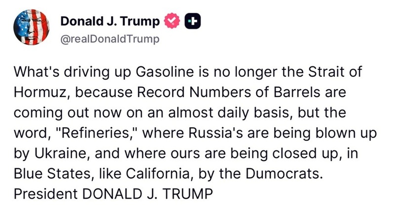 Trump dă vina scumpirii carburanţilor pe atacurile Ucrainei în Rusia şi nu pe Războiul său din Iran