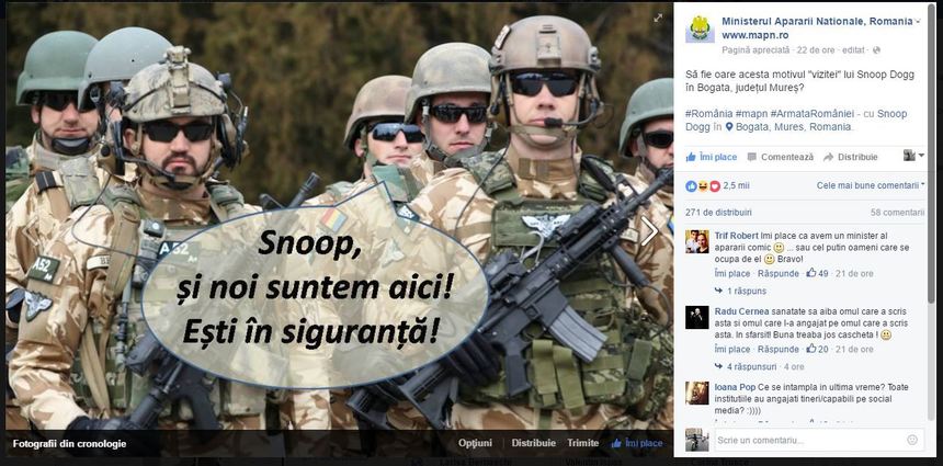 Snoop Dogg, ironizat într-o postare a Ministerului Apărării din România