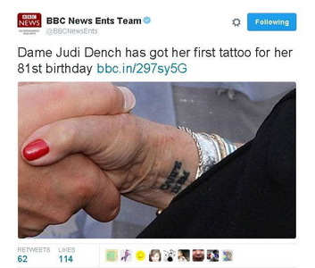 Actriţa Judi Dench şi-a făcut primul tatuaj la 81 de ani; ”Carpe diem” este inscripţia primită cadou