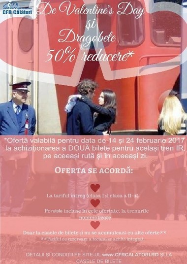 CFR Călători pune în vânzare bilete la jumătate de preţ, de Valentine’s Day şi de Dragobete