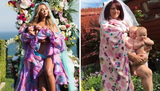 Fotografia unei femei care parodiază prima imagine publicată de Beyoncé alături de gemenii ei a devenit virală