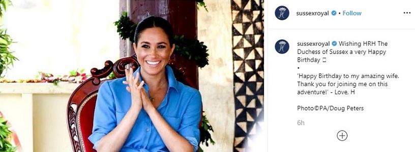 Prinţul Harry a felicitat-o pe soţia sa, ducesa de Sussex, de ziua ei într-un mesaj romantic publicat pe Instagram