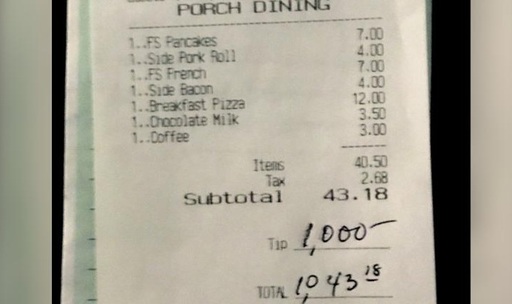 Un client a lăsat personalului unui restaurant din New Jersey un bacşiş de 1.000 de dolari, în semn de mulţumire pentru că a lucrat în timpul pandemiei 