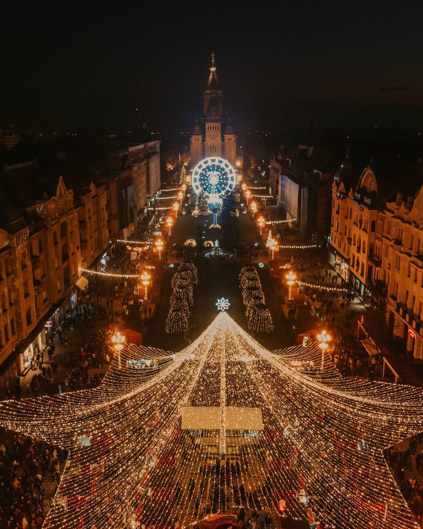 Iluminatul festiv de sărbători va fi aprins, la Timişoara, în 26 noiembrie/ Bradul de Crăciun este montat sub cupola de lumini