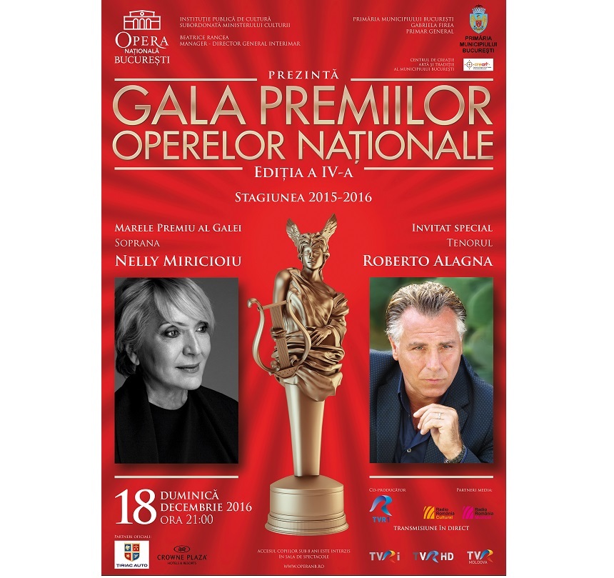 A patra ediţie a galei Premiilor Operelor Naţionale va avea loc pe 18 decembrie; Tenorul Roberto Alagna, invitatul special al evenimentului, va cânta în premieră în România
