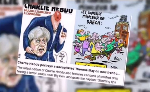 Charlie Hebdo a publicat o caricatură în care Theresa May apare decapitată şi a ironizat victimele atacului de pe London Bridge