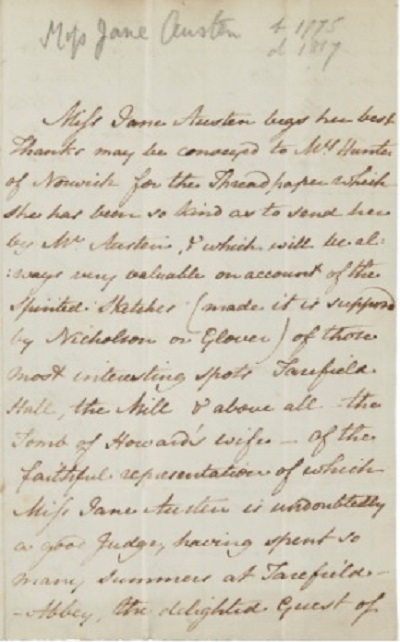 O scrisoare trimisă de Jane Austen nepoatei ei, în care parodiază un roman de duzină, scoasă la licitaţie pentru 100.000 de lire sterline