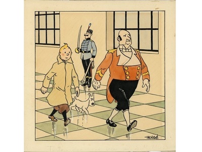 Un desen realizat în tuş şi culoare cu Tintin şi câinele Snowy, adjudecat contra sumei de 505.000 de euro