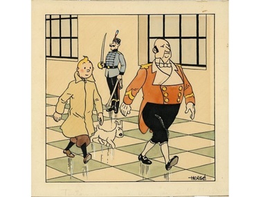 Un desen realizat în tuş şi culoare cu Tintin şi câinele Snowy, adjudecat contra sumei de 505.000 de euro