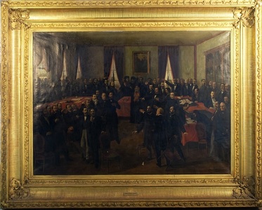 Lucrarea „Proclamarea Unirii (24 Ianuarie 1859)”, de Theodor Aman, expusă la MNIR