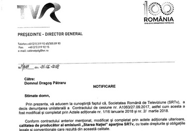 Emisiunea "Starea naţiei" a fost scoasă din grila Televiziunii Române. Dragoş Pătraru: Am respectat toate clauzele contractului cu SRTv. "Starea naţiei", din 6 august la TV şi online