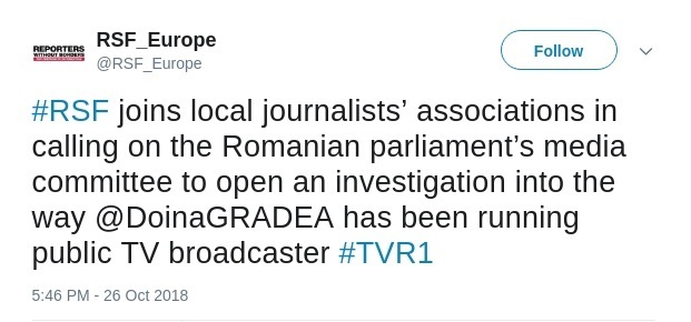 Reporteri fără Frontiere (RSF) susţine apelul organizaţiilor din România care cer deschiderea unei anchete privind conducerea TVR