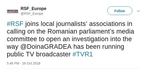 Reporteri fără Frontiere (RSF) susţine apelul organizaţiilor din România care cer deschiderea unei anchete privind conducerea TVR