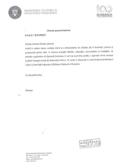 MCIN a făcut demersuri către RADET din 23 octombrie pentru furnizarea căldurii în clădirea Bibliotecii Naţionale