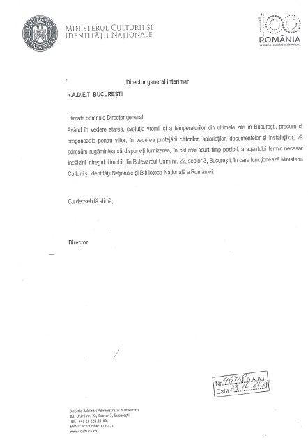 MCIN a făcut demersuri către RADET din 23 octombrie pentru furnizarea căldurii în clădirea Bibliotecii Naţionale