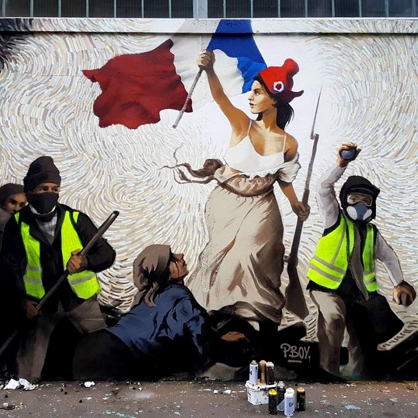 O frescă în care apar "veste galbene", inspirată din Delacroix, a fost desenată pe un zid din Paris