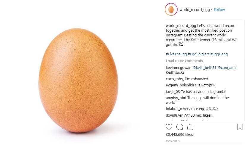 O fotografie a unui ou a bătut recordul de aprecieri pe Instagram