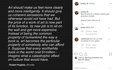 Banksy a reacţionat ironic după vânzarea record a tabloului "Devolved Parliament": Păcat că nu îl mai am