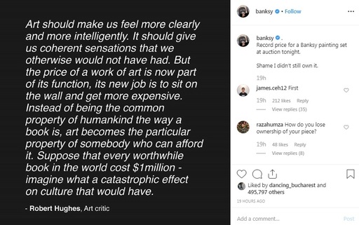 Banksy a reacţionat ironic după vânzarea record a tabloului "Devolved Parliament": Păcat că nu îl mai am